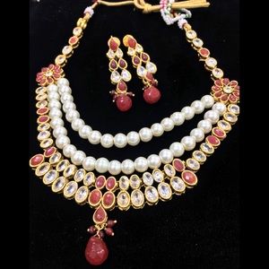 Pearl and Ruby Red Necklace w/ American Diamond